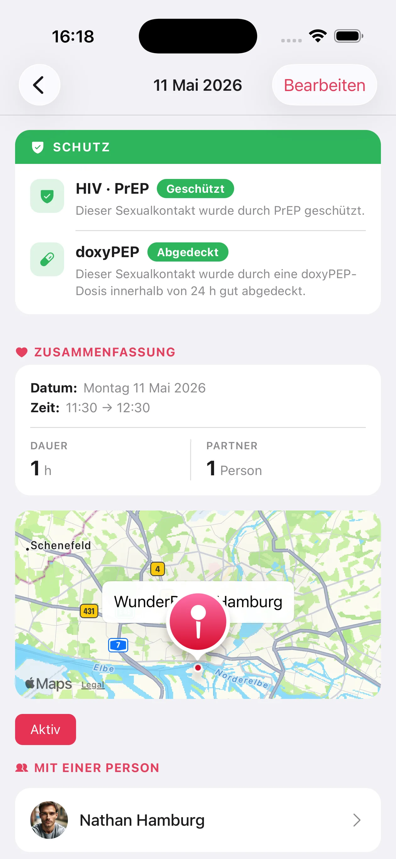 My PrEP — Sexualkontakt: Die Details eines Kontakts und sein Schutzstatus.