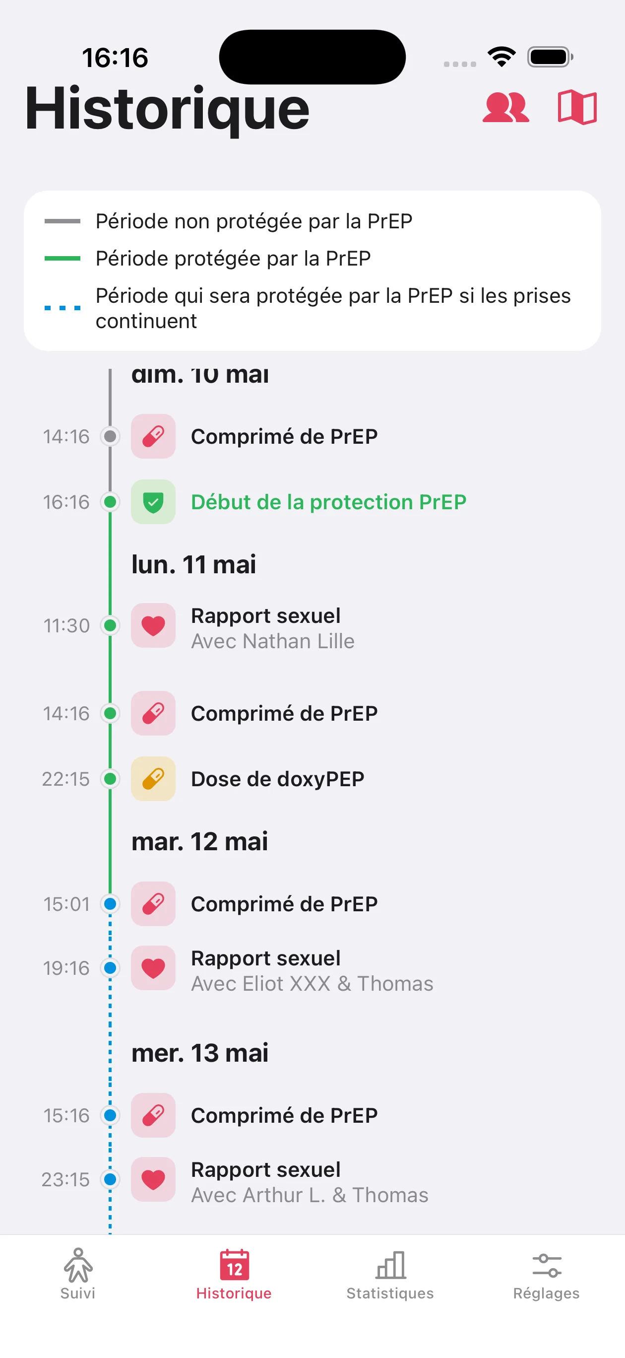 My PrEP — Historique: Vos prises et vos rapports sur une frise lisible.