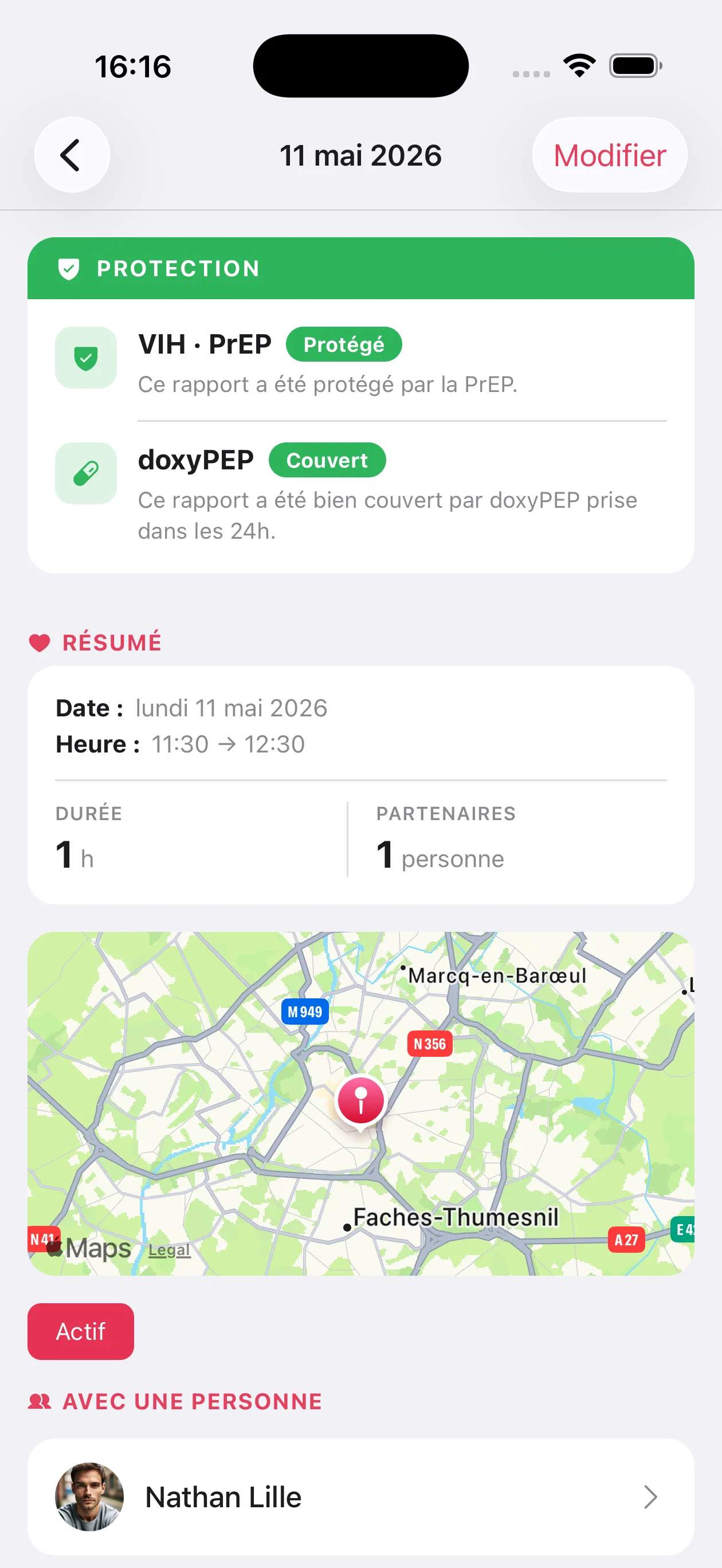 My PrEP — Rapport: Le détail d'un rapport et son statut de protection.