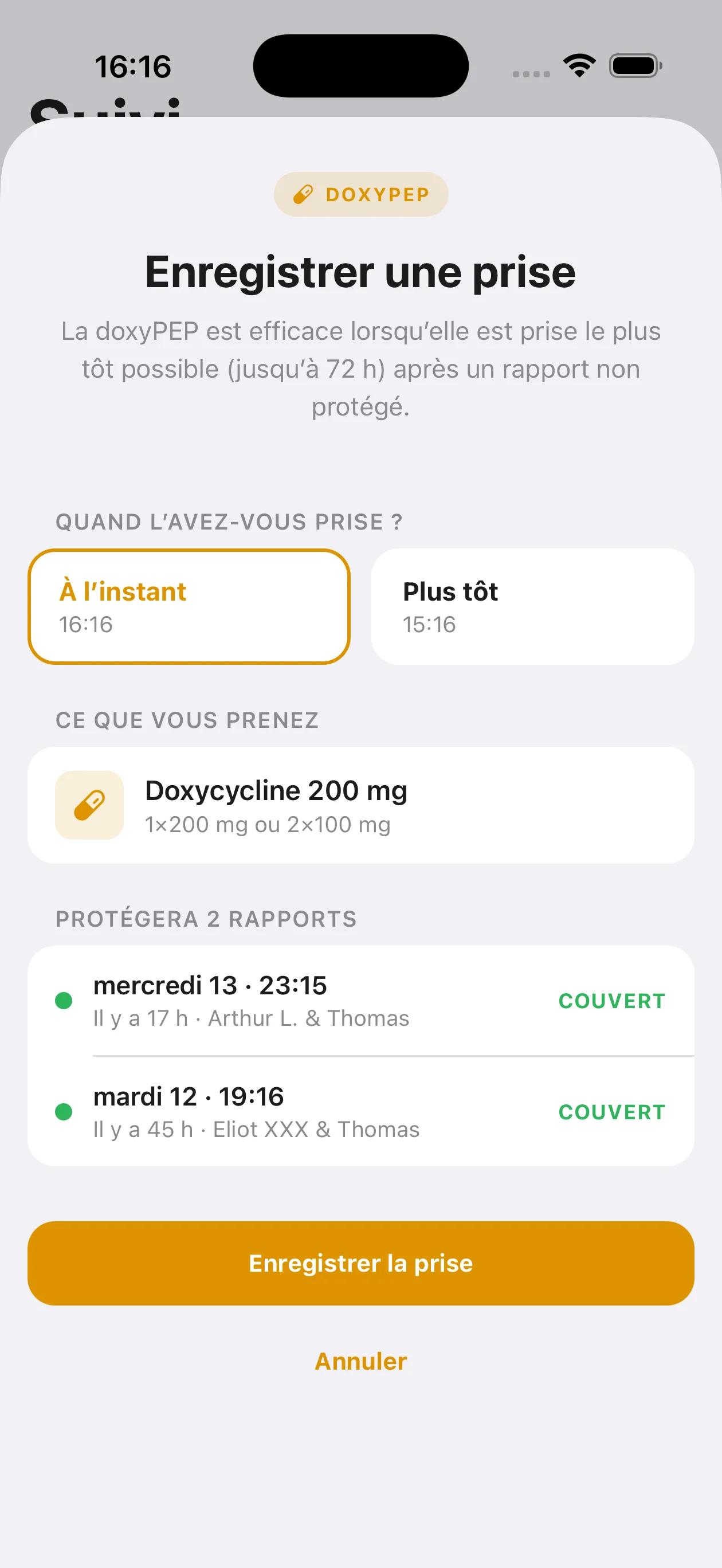 My PrEP — doxyPEP: Enregistrez une dose en deux tapes.