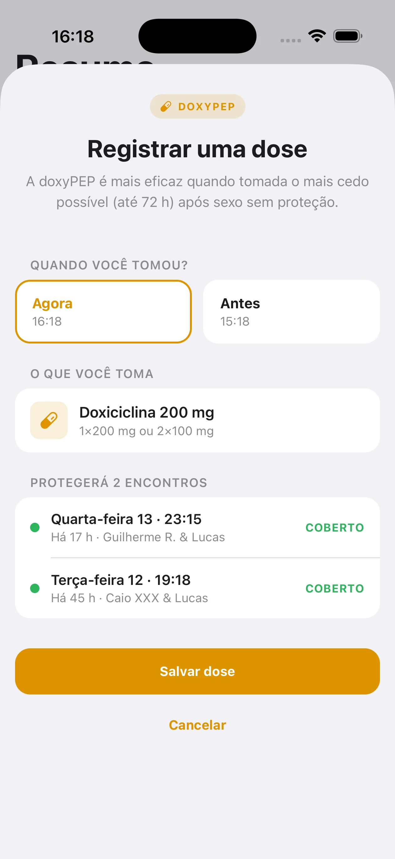 My PrEP — doxyPEP: Registre uma dose em dois toques.