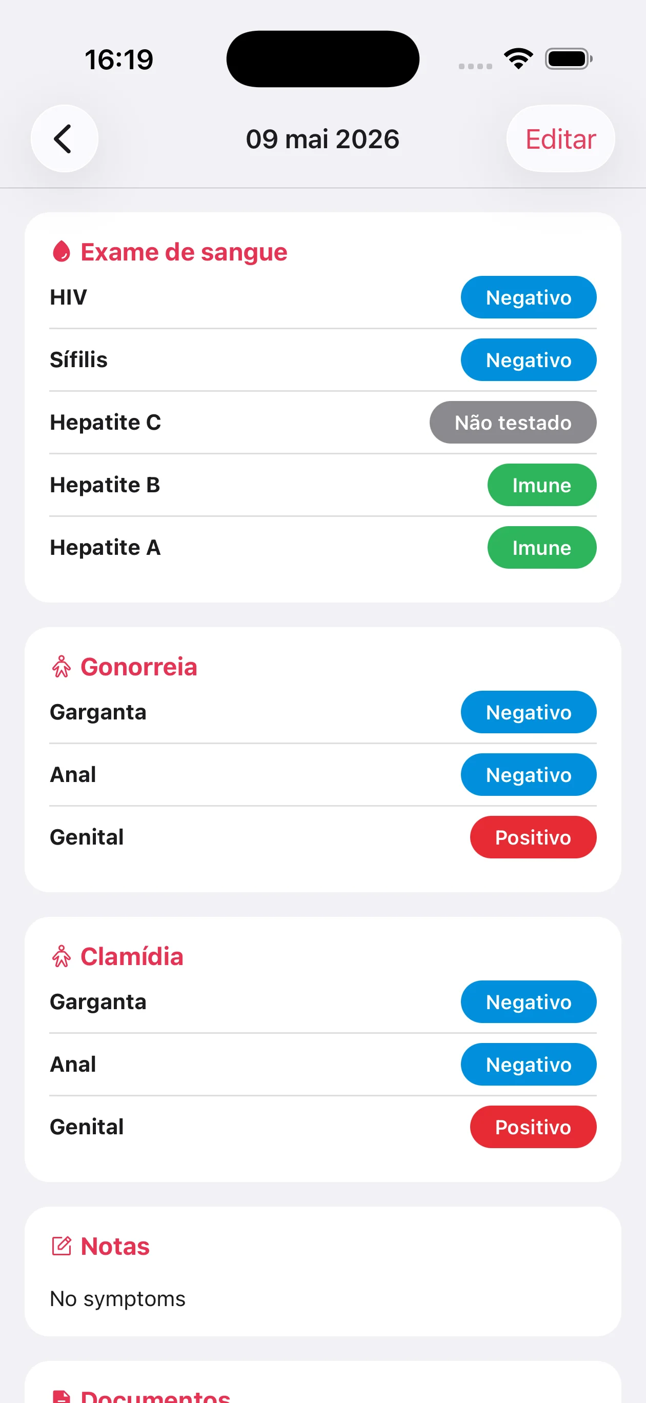 My PrEP — Exames de IST: Registre seus resultados e anexe laudos.